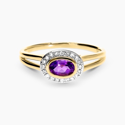 Pierścionek z żółtego i białego złota 585 z owalnym ametystem 0,38 ct i brylantami 0,08 ct