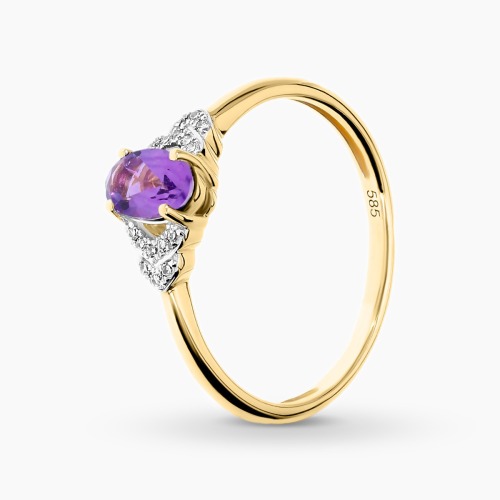 Pierścionek z dwukolorowego złota 585 z diamentami i owalnym ametystem 0,41 ct