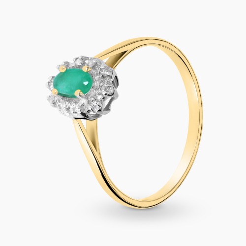 Pierścionek żółte i białe złoto 585 ze szmaragdem 0,22 ct i brylantami 0,05 ct