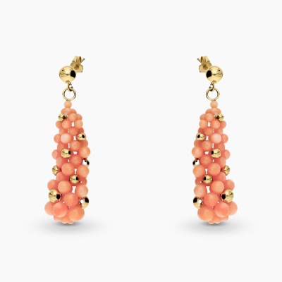 Kolczyki z żółtego złota 585 z koralami i gładkimi kulkami