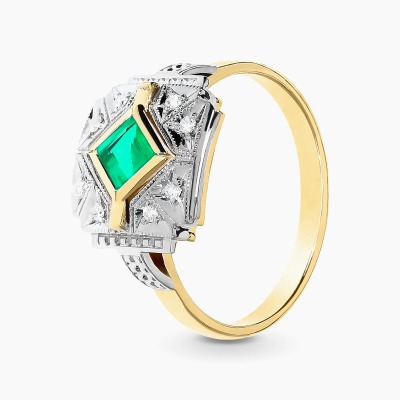 Pierścionek z dwukolorowego złota 585 ze szmaragdem 0,25...