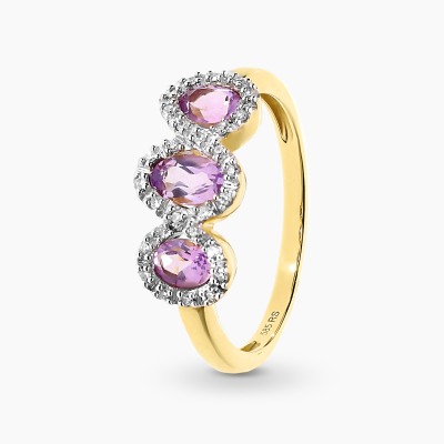 Pierścionek złoty z ametystami i brylantami