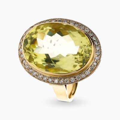 Pierścionek złoty z cytrynem 12,32 ct i brylantami 0,33...