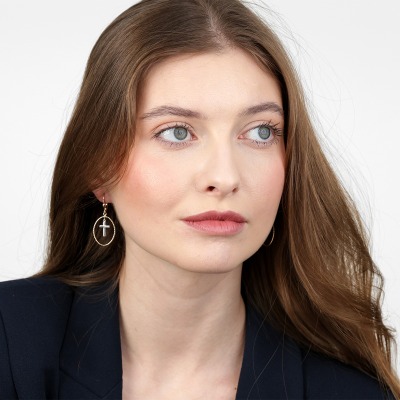 Kolczyki owalne z żółtego i białego złota 585 z krzyżykami 2