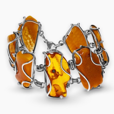 Bransoletka srebrna artystyczna z bursztynami dł. 20,5 cm