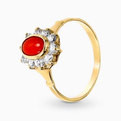 Pierścionek z żółtego złota 585 z koralem i cyrkoniami