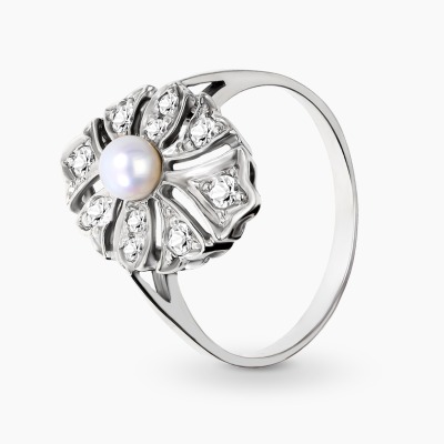 Pierścionek z białego złota 585 z perłą i cyrkoniami 2,78 g