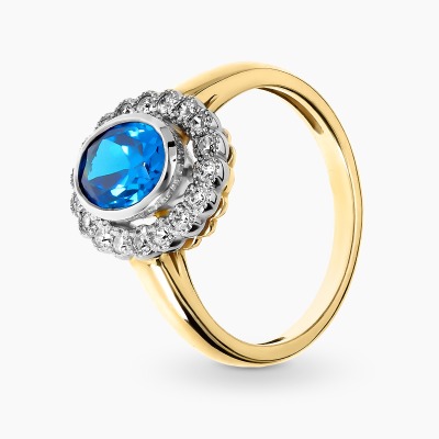 Pierścionek z żółtego i białego złota 585 z niebieską i...