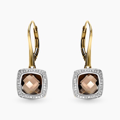 Kolczyki białe i żółte złoto 585 z brylantami i kwarcami dymnymi 4,69 ct