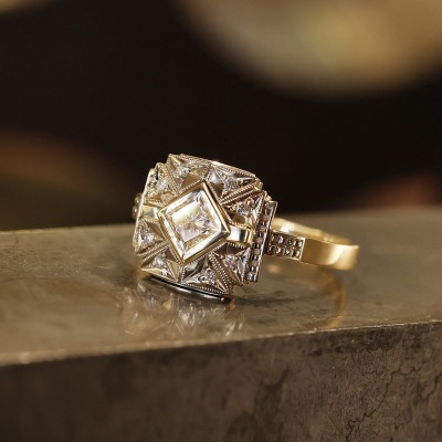 Pierścionek Art Déco z żółtego i białego złota 585 z... 2