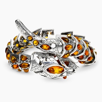 Bransoletka wąż ze srebra 925 z bursztynami dł. 18 cm