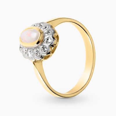 Pierścionek z dwukolorowego złota 585 z cyrkoniami i opalem