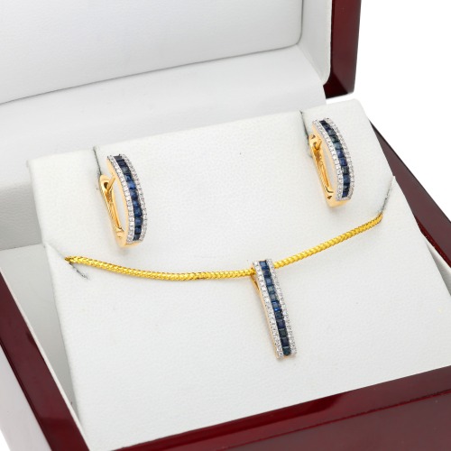 Kolczyki podłużne z dwukolorowego złota 585 z diamentami 0,17 ct i szafirami 0,58 ct