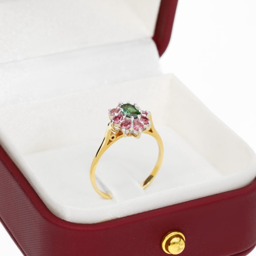 Pierścionek Venezia dwukolorowe złoto 585 z zielonym i różowymi turmalinami 0,90 ct