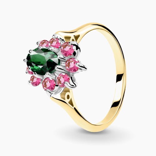 Pierścionek Venezia dwukolorowe złoto 585 z zielonym i różowymi turmalinami 0,90 ct
