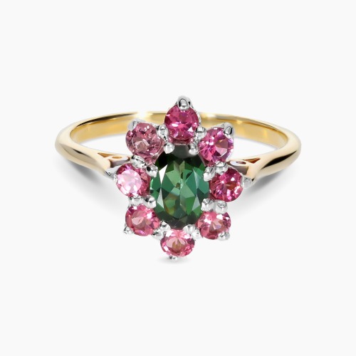 Pierścionek Venezia dwukolorowe złoto 585 z zielonym i różowymi turmalinami 0,90 ct