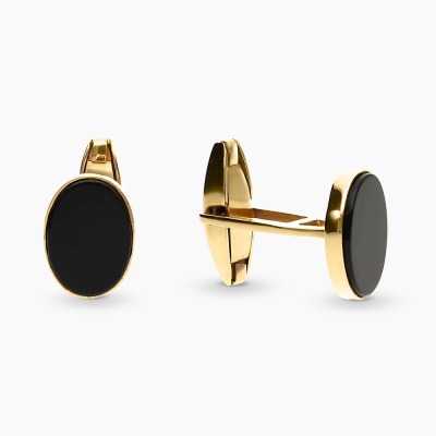 Spinki do mankietów z żółtego złota 585 owalne onyksy 2