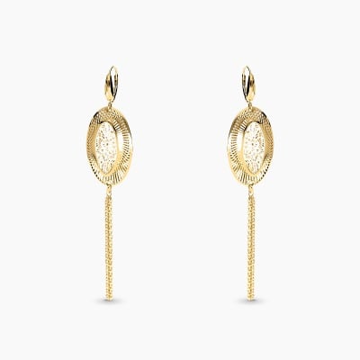 Kolczyki wiszące z żółtego złota 585 ażurowe z łańcuszkami