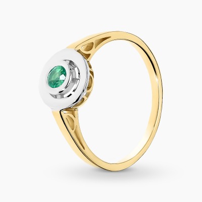 Pierścionek z dwukolorowego złota 585 ze szmaragdem 0,24 ct w okrągłej oprawie