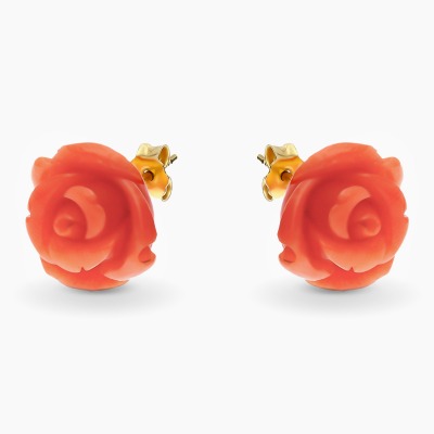 Kolczyki z żółtego złota 585 z koralem na kształt kwiatów
