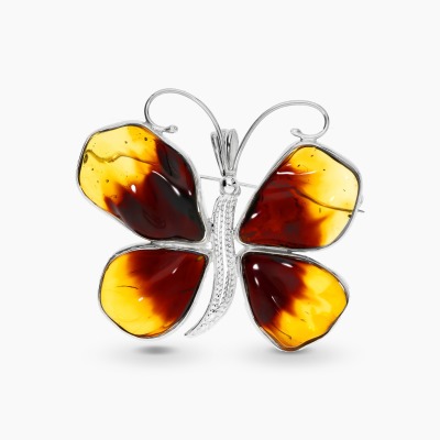 Zawieszka-broszka motyl ze srebra z bursztynami