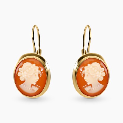 Kolczyki wiszące z żółtego złota 585 z kameą