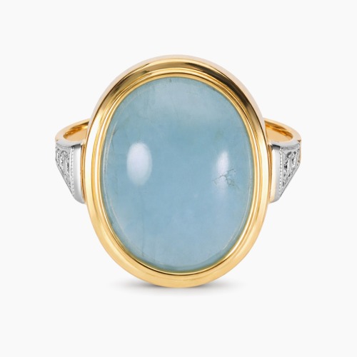 Pierścionek żółte złoto 585 z brylantami 0,08 ct i okazałym akwamarynem 10,52 ct