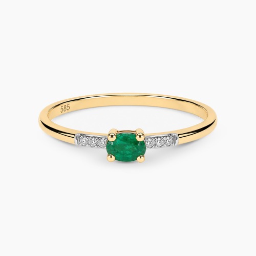 Pierścionek z żółtego złota 585 z diamentami i szmaragdem 0,16 ct