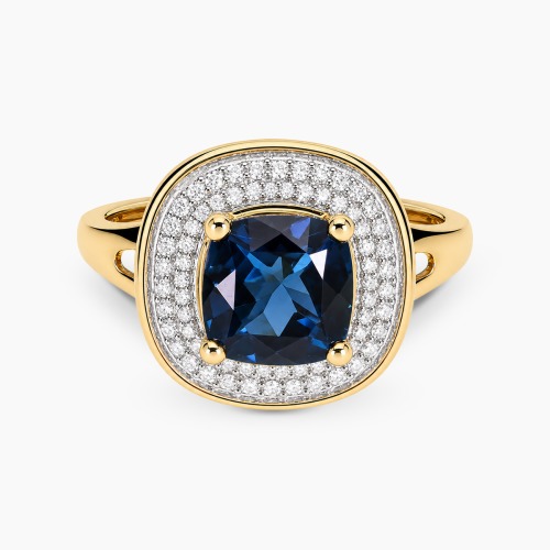 Pierścionek żółte złoto 585 z diamentami i okazałym topazem London Blue 2,97 ct