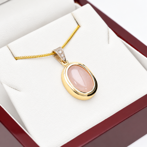 Zawieszka z żółtego i białego złota 585 z różowym kwarcem 10,78 ct i brylantami 0,02 ct