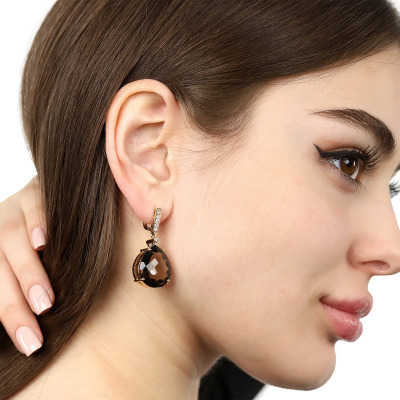 Kolczyki złote 585 z okazałym kwarcem dymnym i brylantami 2