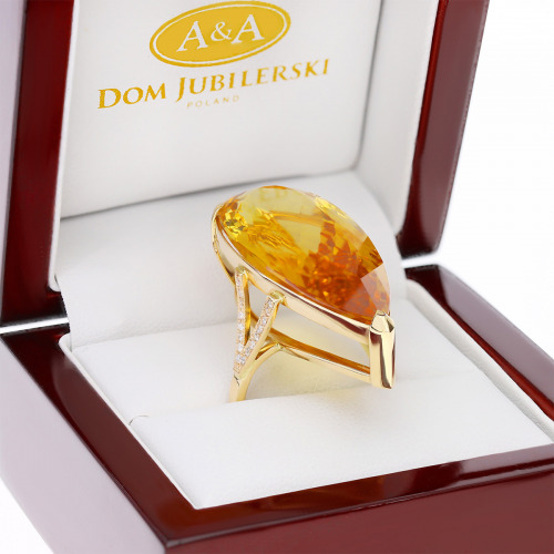 Pierścionek złoty 585 z dużym cytrynem 36,88 ct i brylantami 0,21 ct
