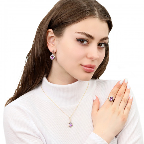 Pierścionek z żółtego złota 585 z ametystem 3,15 i brylantami 0,12 ct