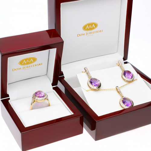 Pierścionek z żółtego złota 585 z ametystem 3,15 i brylantami 0,12 ct