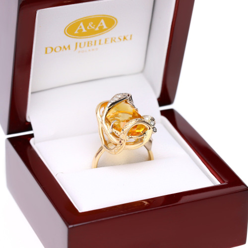 Pierścionek złoty 585 z dużym cytrynem 12,9 ct i brylantami 0,09 ct