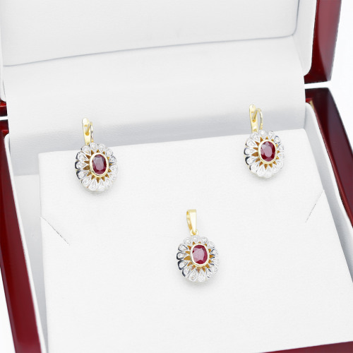 Kolczyki dwukolorowe złoto 585 z brylantami 0,18 ct i rubinami 0,64 ct