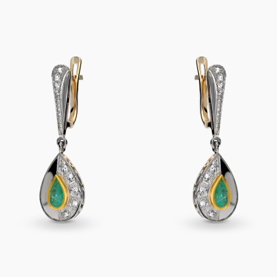 Kolczyki z dwukolorowego złota 585 ze szmaragdami i...
