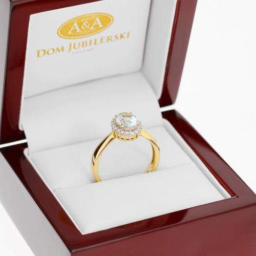 Pierścionek z żółtego złota 585 z brylantami i akwamarynem 1,19 ct